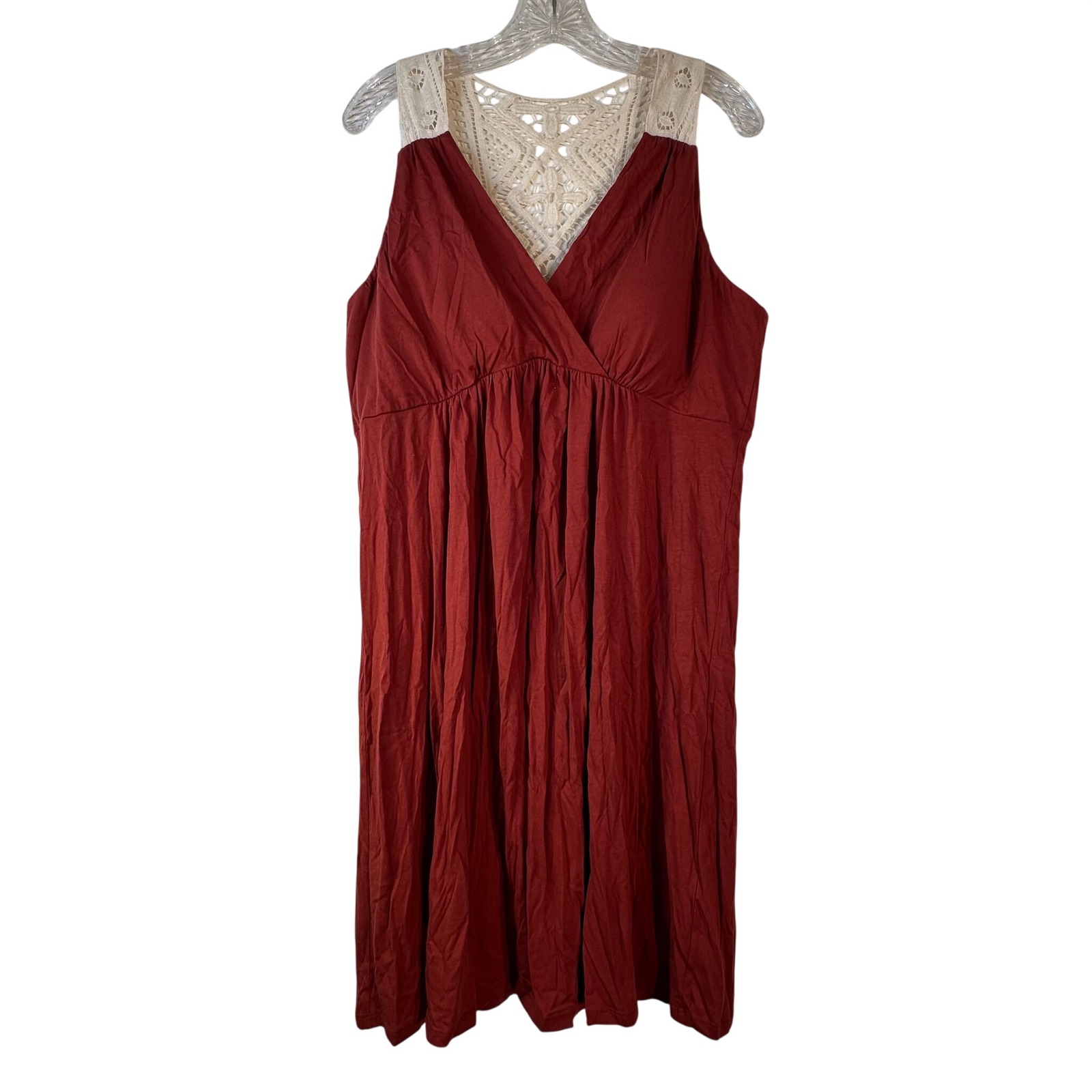 Elle Rust Red Crochet Lace Yoke Empire Waist Sleeveless Knit Dress Xl